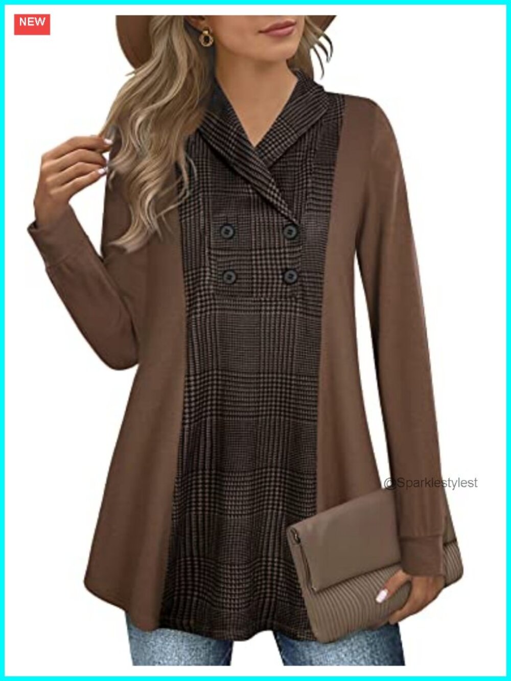 Womens Flannel Cotton V Neck Button Tunic Sweatshirt Long Sleeve Pullover